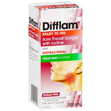 Difflam Ready To Use Sore Throat Gargle with Iodine Antibacterial Relief 200mL