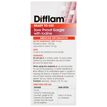 Difflam Ready To Use Sore Throat Gargle with Iodine Antibacterial Relief 200mL