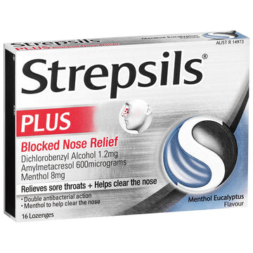 Strepsils Plus Blocked Nose & Sore Throat Relief Menthol Eucalyptus 16 Lozenges