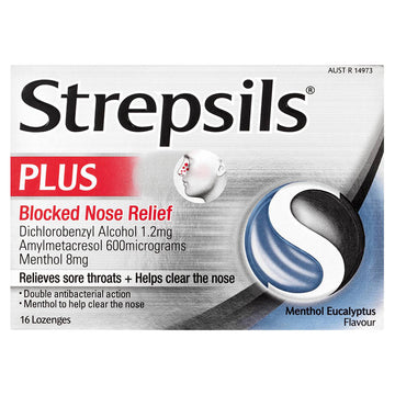 Strepsils Plus Blocked Nose & Sore Throat Relief Menthol Eucalyptus 16 Lozenges