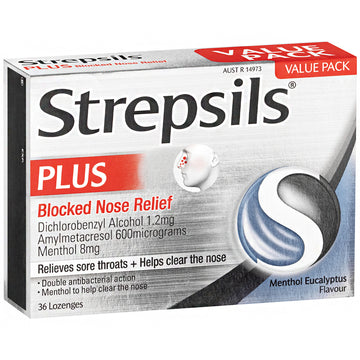 Strepsils Plus Blocked Nose & Sore Throat Relief Menthol Eucalyptus 36 Lozenges