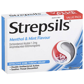 Strepsils Menthol & Mint 36 Lozenges Soothes Sore Throat Pain Relief Treatment