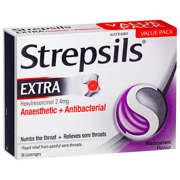 Strepsils Extra Blackcurrant 36 Lozenges Rapid Sore Throat Pain Relief Treatment
