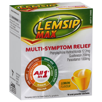 Lemsip Max Cold & Flu Multi-Symptom Relief Lemon Flavour Powder Sachets 10 Pack