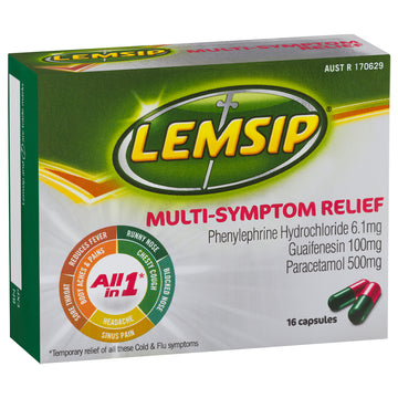 Lemsip Multi-Symptom All-in-1 Cold & Flu Fever Body Pain Ache Relief 16 Capsules