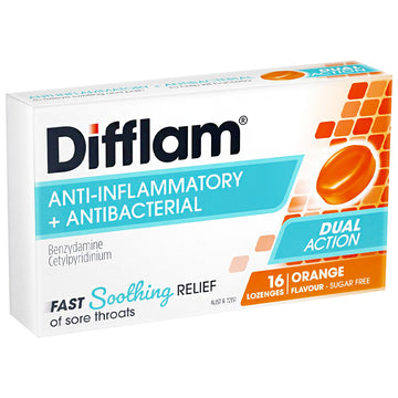 Difflam Sugar Free Orange 16 Lozenges Fast Sore Throat Pain Relief Antibacterial