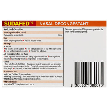 Sudafed PE Nasal Decongestant Tablets Runny Nose Treatment Non Drowsy 20 Tabs