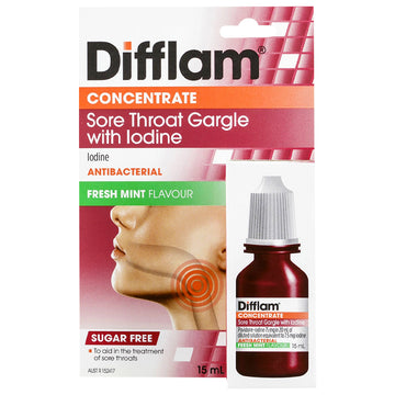 Difflam Sore Throat Gargle with Iodine Concentrate Antibacterial Sugar Free 15mL