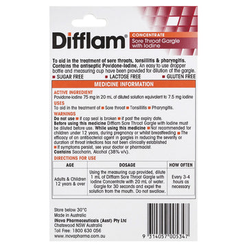Difflam Sore Throat Gargle with Iodine Concentrate Antibacterial Sugar Free 15mL
