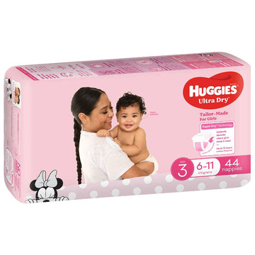 Huggies Ultra Dry Nappies Size 3 Girls 6-11Kg Disposable Baby Nappy Pads 44 Pack