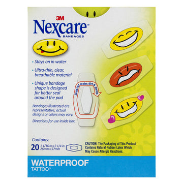 Nexcare Waterproof Tattoo Assorted Plastic Strips 20 Pack Kids Wound Bandages