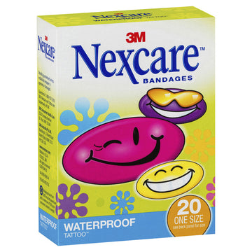 Nexcare Waterproof Tattoo Assorted Plastic Strips 20 Pack Kids Wound Bandages