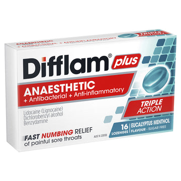 Difflam Plus Anaesthetic Sore Throat Lozenges Eucalyptus Menthol Flavour 16 Pack