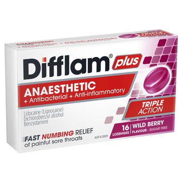 Difflam Plus Anaesthetic Sore Throat Lozenges Wild Berry Sugar Free 16 Pack