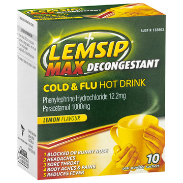 Lemsip Max Decongestant Cold & Flu Fever Relief Lemon Powder Hot Drink 10 Pack