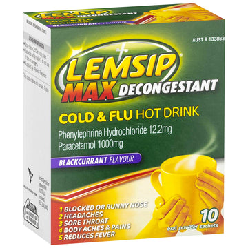 Lemsip Max Decongestant Cold & Flu Relief Blackcurrant Powder Hot Drink 10 Pack