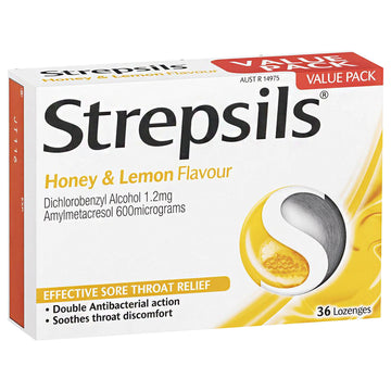 Strepsils Honey & Lemon 36 Lozenges Soothes Sore Throat Pain Relief Treatment