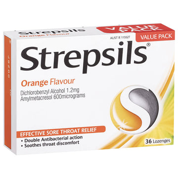 Strepsils Orange Flavour 36 Lozenges Soothes Sore Throat Pain Relief Treatment