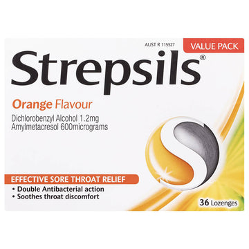 Strepsils Orange Flavour 36 Lozenges Soothes Sore Throat Pain Relief Treatment