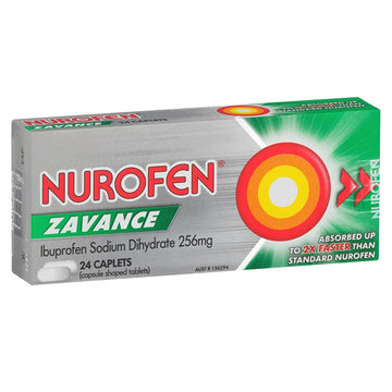 Nurofen Zavance Caplets Ibuprofen Pain Headache Migraine Relief 24 Pack 256mg