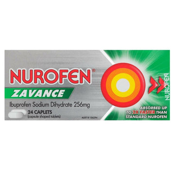 Nurofen Zavance Caplets Ibuprofen Pain Headache Migraine Relief 24 Pack 256mg