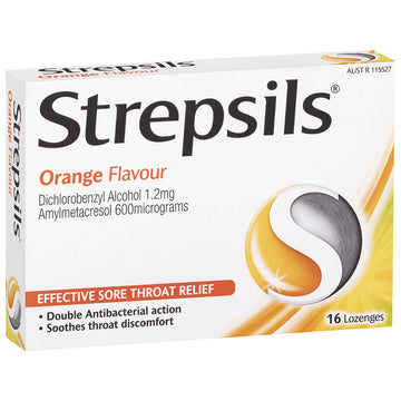 Strepsils Orange Flavour 16 Lozenges Soothes Sore Throat Pain Relief Treatment