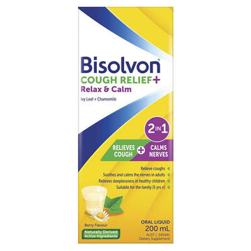Bisolvon Cough Relief + Relax & Calm Oral Liquid Syrup Berry Flavoured 200mL