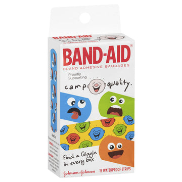 Band-Aid Camp Quality Waterproof Kids Strips Plasters Dressings Bandages 15 Pack