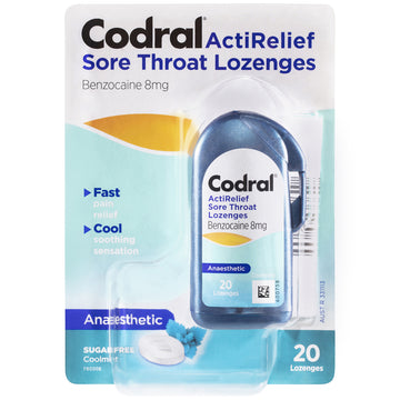Codral ActiRelief Sore Throat Lozenges Anaesthetic Coolmint Sugar Free 20 Pack