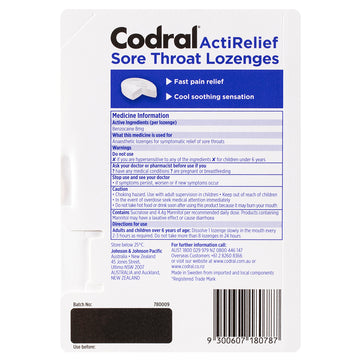 Codral ActiRelief Sore Throat Lozenges Anaesthetic Coolmint Sugar Free 20 Pack