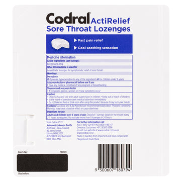 Codral ActiRelief Sore Throat Lozenges Anaesthetic Coolmint Sugar free 40 Pack