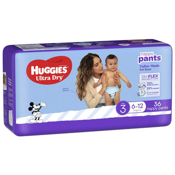 Huggies Ultra Dry Nappy Pants Size 3 Boys 6-12Kg Disposable Nappies Pads 36 Pack