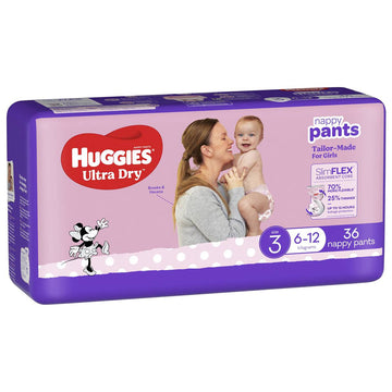 Huggies Ultra Dry Nappy Pants Size 3 Girls 6-12Kg Disposable Nappies Pad 36 Pack