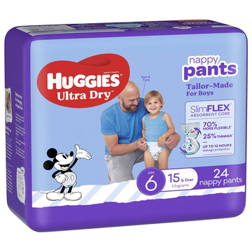 Huggies Ultra Dry Nappy Pants Size 6 Junior 15+ Kg Boys Nappies Pads 24 Pack
