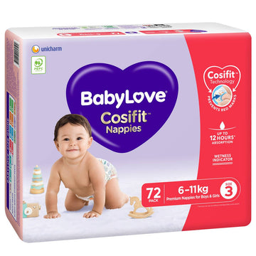 Babylove Cosifit Nappies Size 3 Crawler 6-11Kg Unisex Baby Nappy Pads 72 Pack