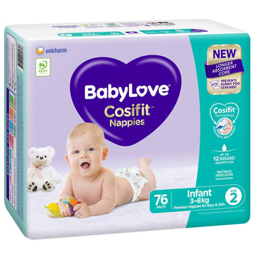 Babylove Cosifit Nappies Size 2 Infant 3-8Kg Unisex Babies Nappy Pads 76 Pack