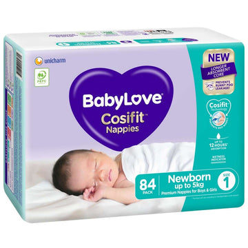 Babylove Cosifit Nappies Size 1 Newborn Up To 5Kg Unisex Baby Nappy Pads 84 Pack