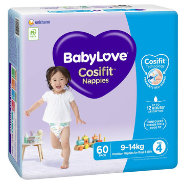 Babylove Cosifit Nappies Size 4 Toddler 9-14Kg Unisex Disposable Nappy 60 Pack