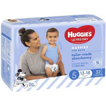 Huggies Ultra Dry Walker Nappies Boy Size 5 Disposable Nappy Pants Pads 32 Pack