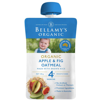 Bellamy's Organic Apple Fig Oatmeal 120g Pouch Smooth Puree 4+ Months Baby Food