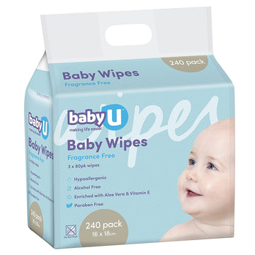 Baby U Wipes 240 Pack Gentle Cleanser Fragrance Free Hypoallergenic 16 x 18cm