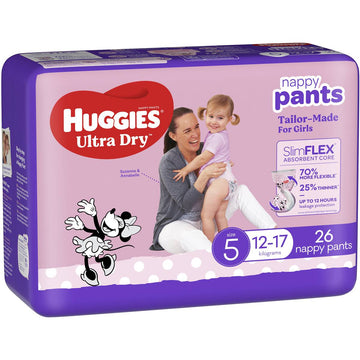 Huggies Ultra Dry Walker Nappies Girl Size 5 Disposable Nappy Pants Pads 26 Pack