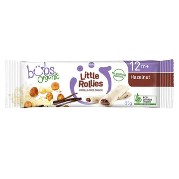 Bubs Organic Little Rollies Hazelnut Vanilla Rice Snack 25g 12 Months+ Baby Food