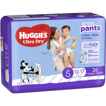 Huggies Ultra Dry Nappy Pants Walker Boy Size 5 Disposable Nappies Pads 26 Pack