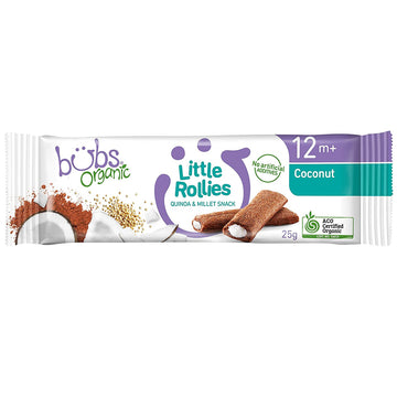 Bubs Organic Little Rollies Quinoa & Millet Coconut Snacks 12+ Months No GMO 25g
